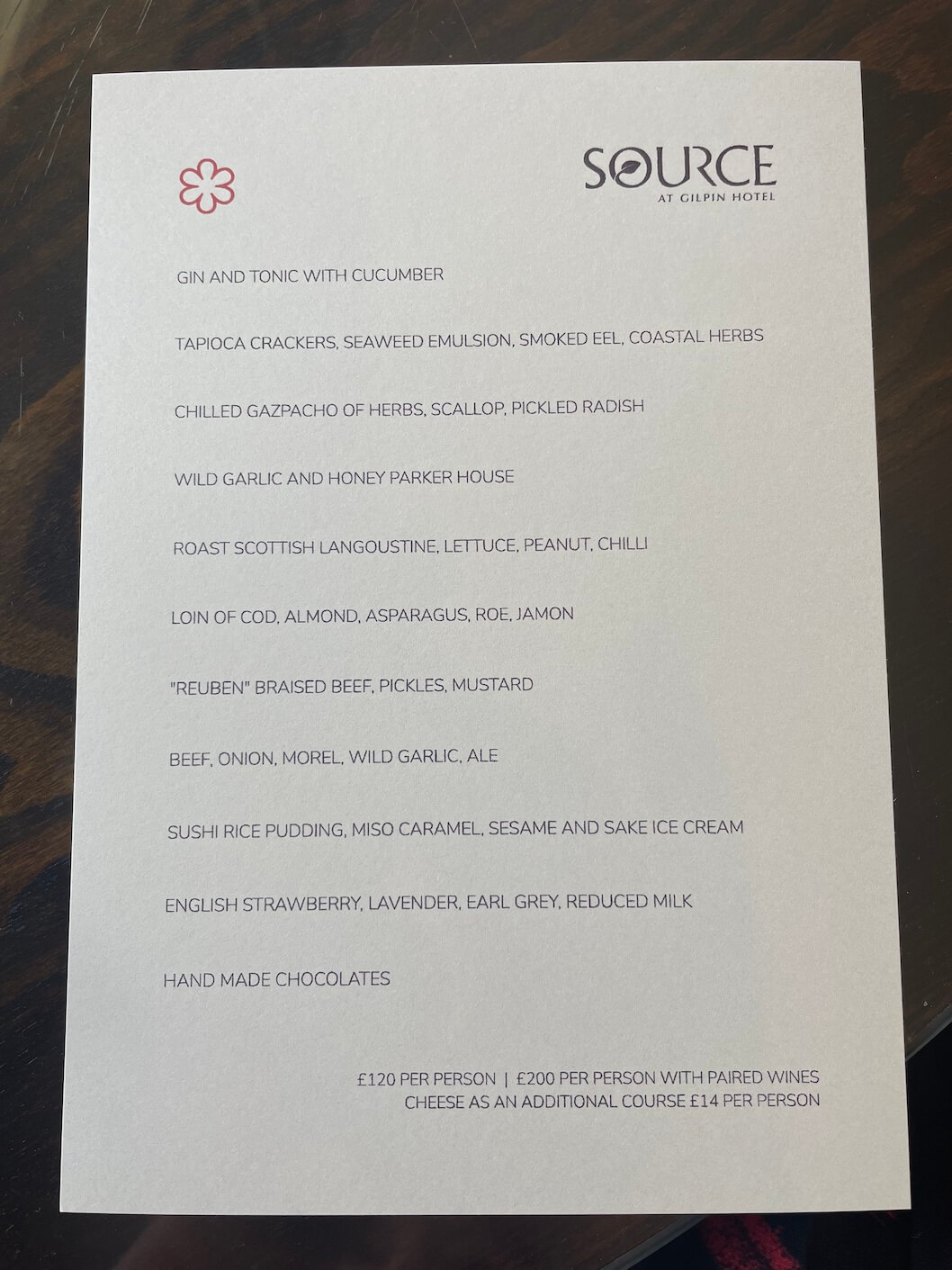 Tasting menu at Source at Gilpin hotel