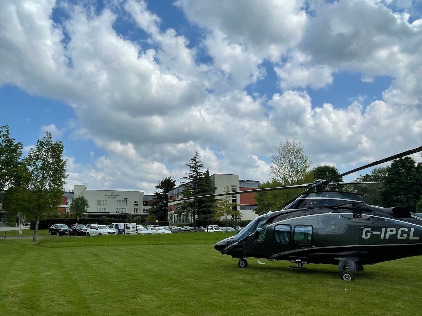 The Runnymede hotel and spa entrance with helicopter