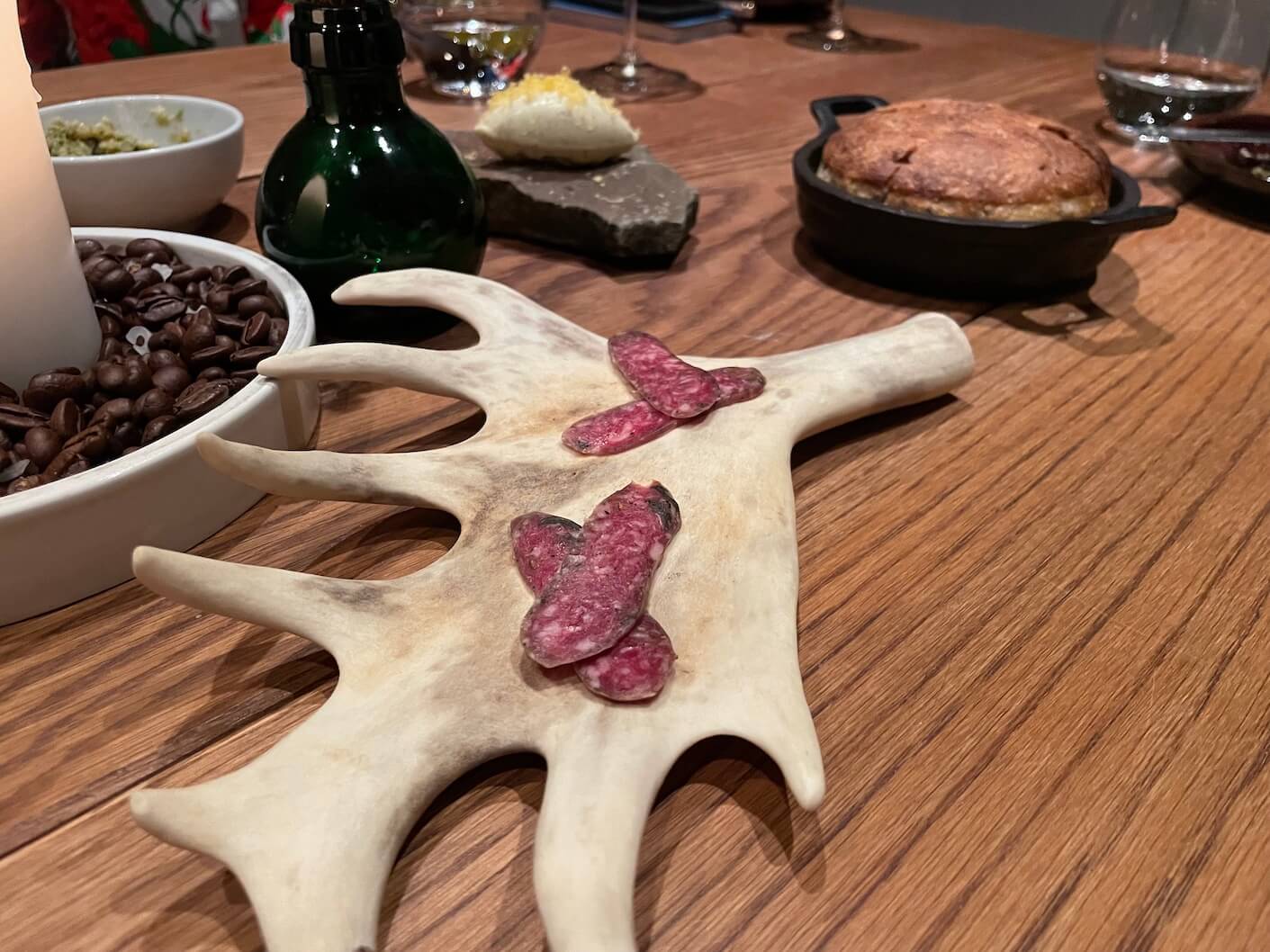 Reindeer charcuterie was served on an antler dish at Huset Reindeer charcuterie was served on an antler dish at Huset