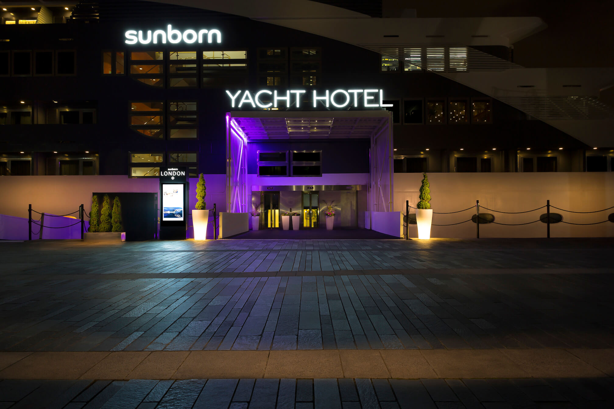 Sunborn Yacht hotel London at night