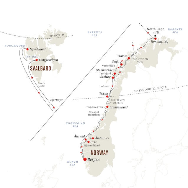 The route of Hurtigruten's newly restored route, the Svalbard Express