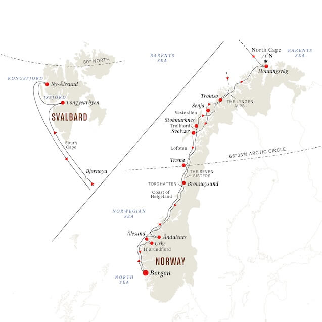 The route of Hurtigruten's newly restored route, the Svalbard Express The route of Hurtigruten's newly restored route, the Svalbard Express