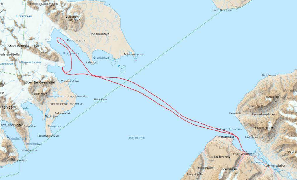 The map of over trip from Longyearbyen over the water to the Nansen and Borebreen glaciers 