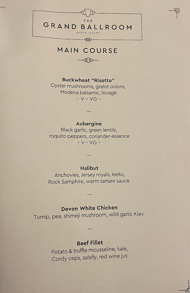 The main course menu at Burgh Island's Grand Ballroom 