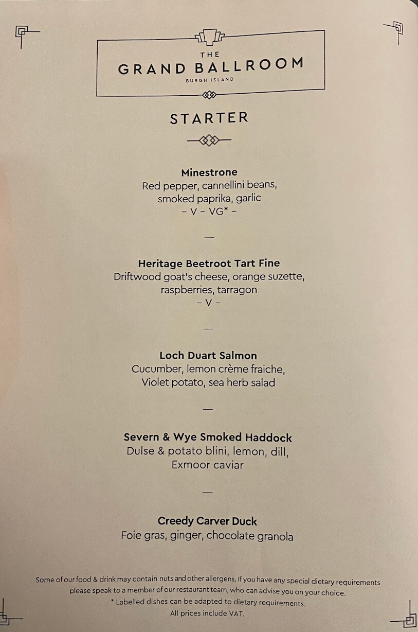 Starter menu at Burgh Island hotel Grand Ballroom 