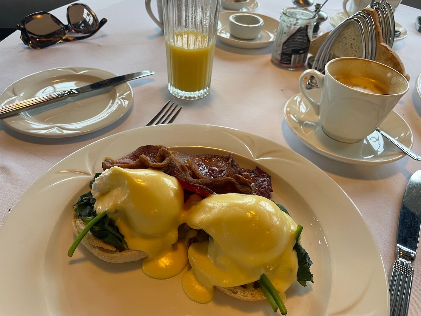 Eggs Florentine with bacon on the side at Burgh Island