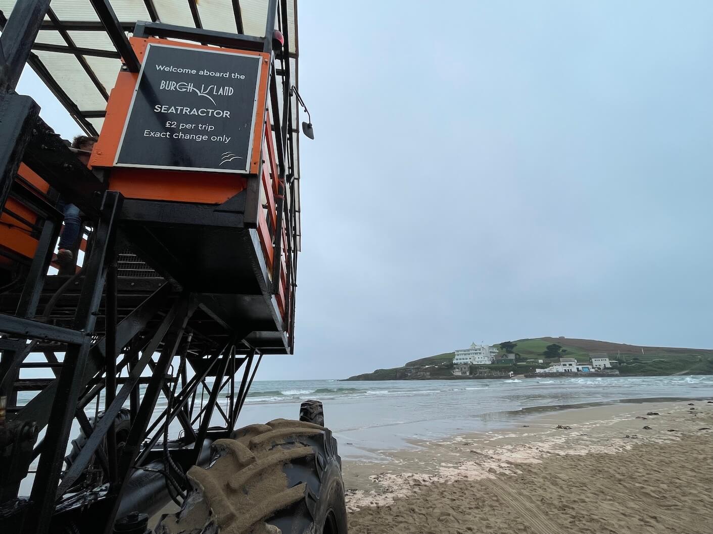 You don't have to be staying at Burgh Island to enjoy a ride in its famous sea tractor Burgh Island sea tractor with Burgh Island Hotel in the background