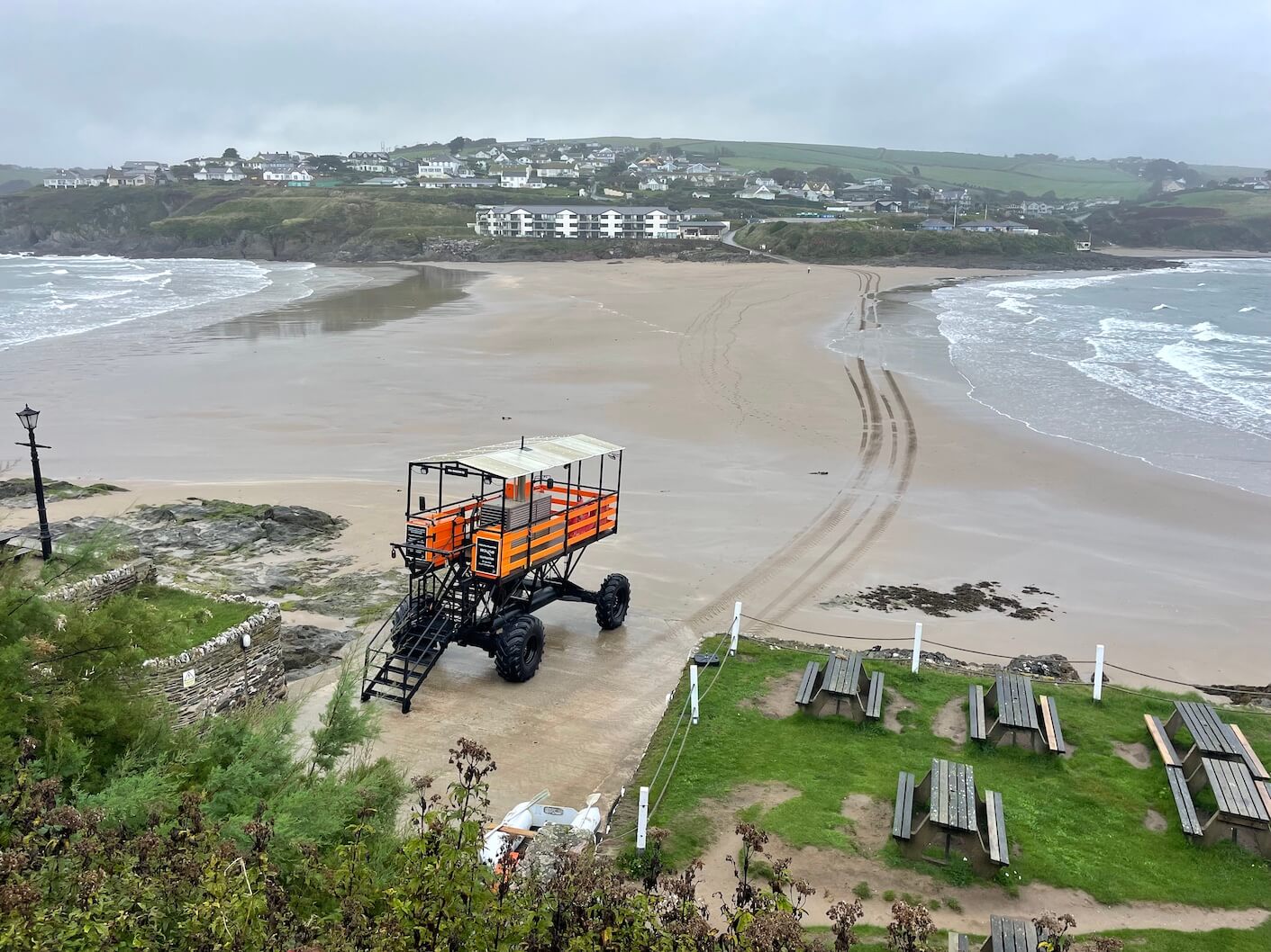 The view from Burgh Island hotel The view of the sea tractor and beach from Burgh Island hotel