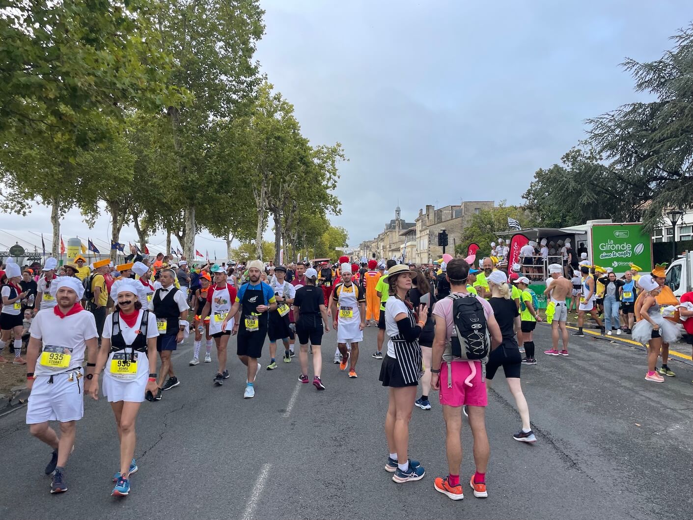 Runners milling about in Pauillac just before the start of the Marathon du Medoc 
