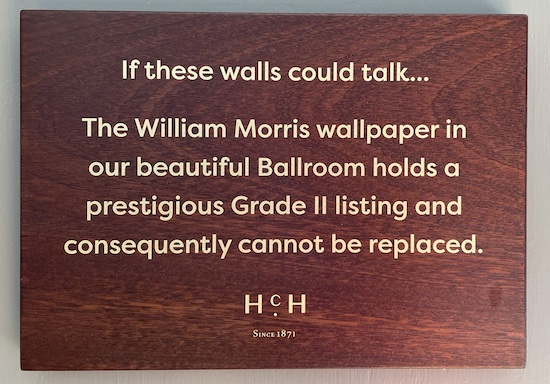 William Morris wallpaper sign at Hoar Cross Hall hotel