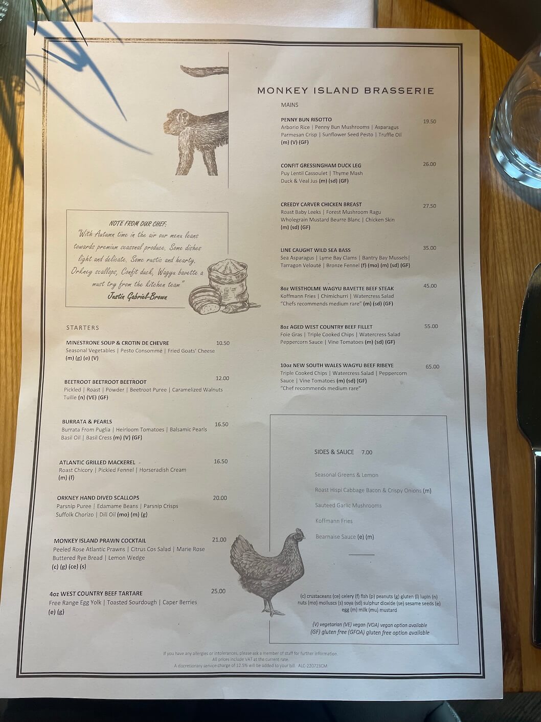 Monkey Island hotel Brasserie menu