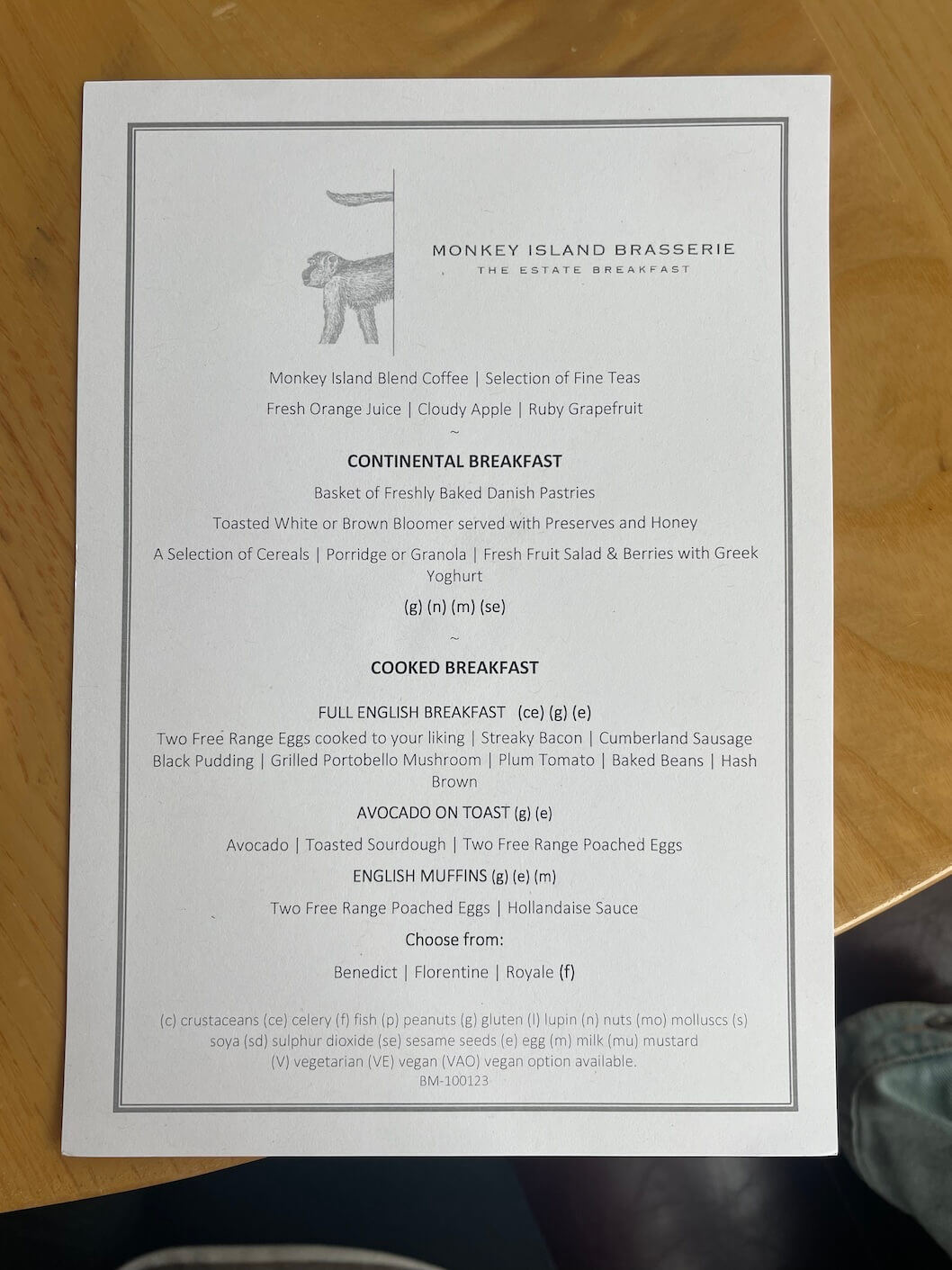 breakfast menu Monkey Island hotel