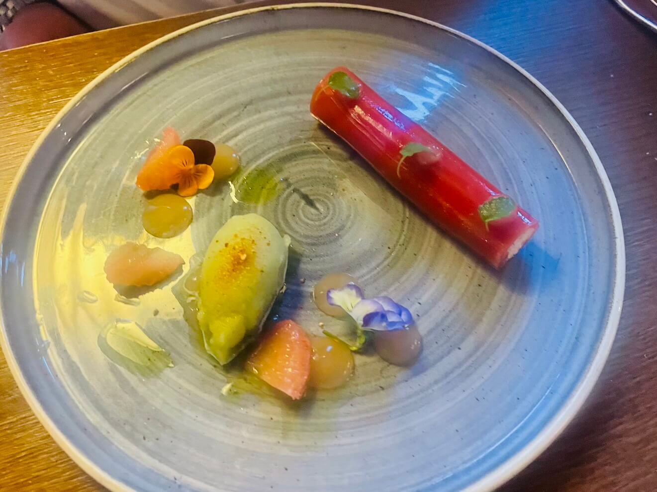 South Coast crab starter with tomato jelly, ruby grapefruit, cucumber sorbet, lemon and herb oil and lemon balm South Coast crab starter with tomato jelly, ruby grapefruit, cucumber sorbet, lemon and herb oil and lemon balm
