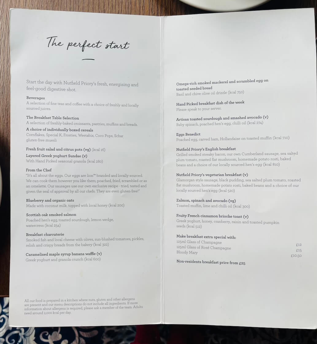 The breakfast menu at Nutfield Priory The breakfast menu at Nutfield Priory