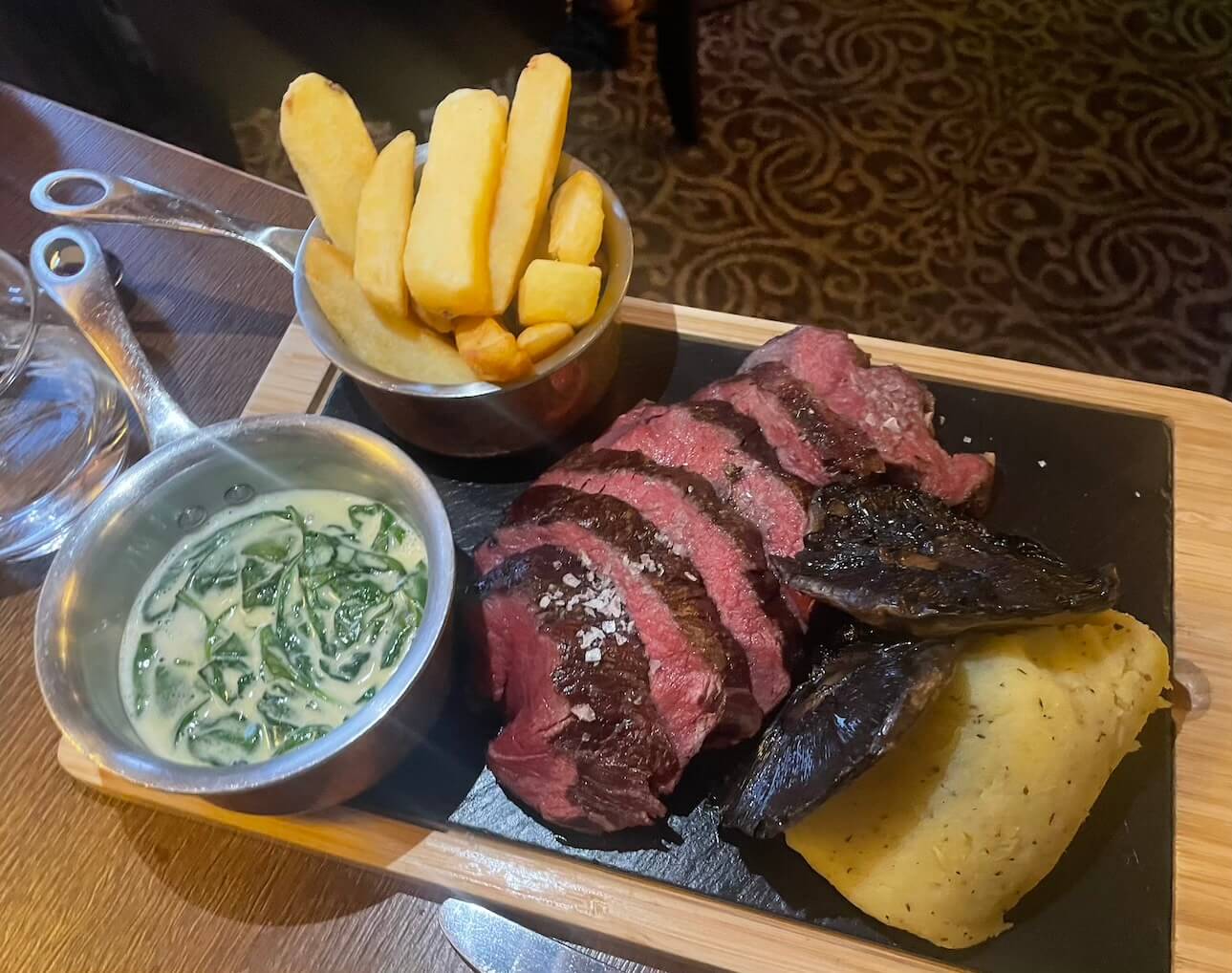 Chateaubriand steak to share with triple-cooked chips, truffled mash and creamed spinach Chateaubriand steak to share with triple-cooked chips, truffled mash and creamed spinach