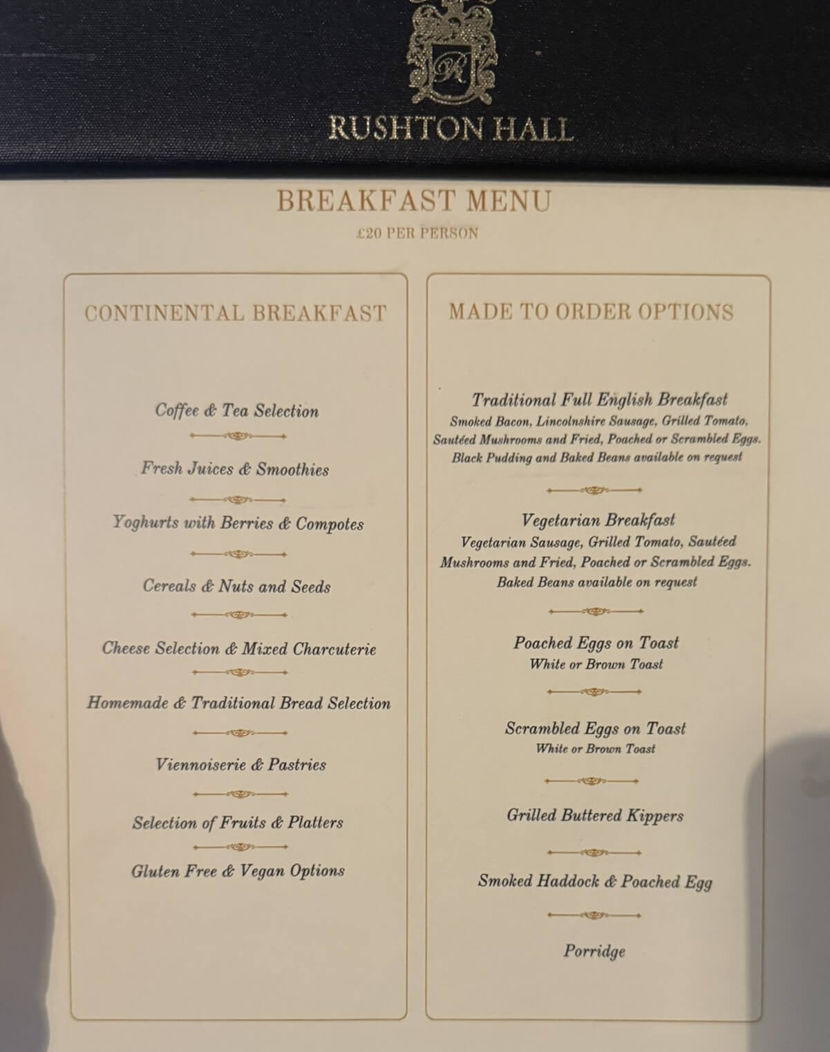 Rushton Hall breakfast menu