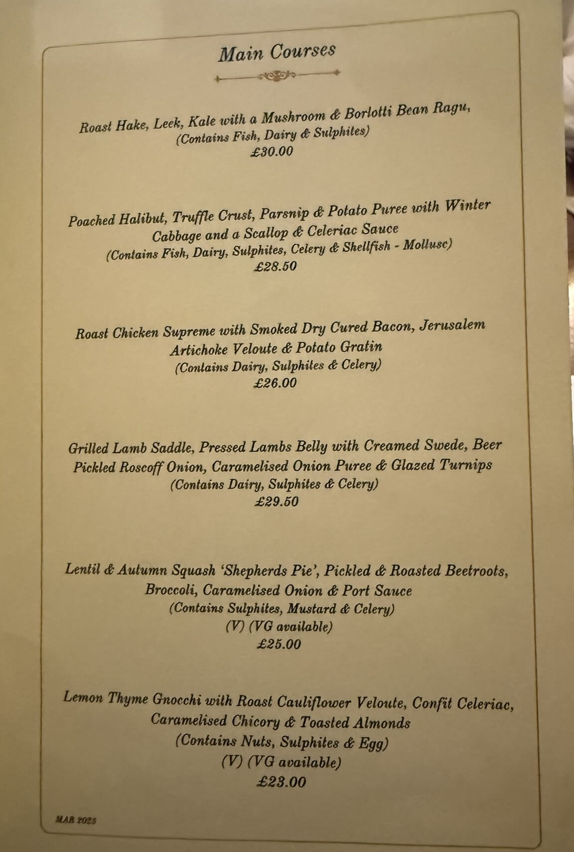 Rushton Hall restaurant menu
